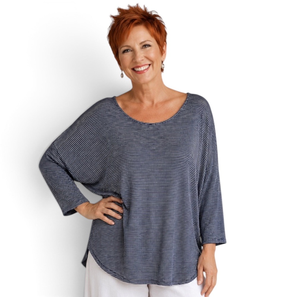 Old Navy Luxe‎ Navy Blue White Striped Long Sleeve Curved Hem Top XL Womens